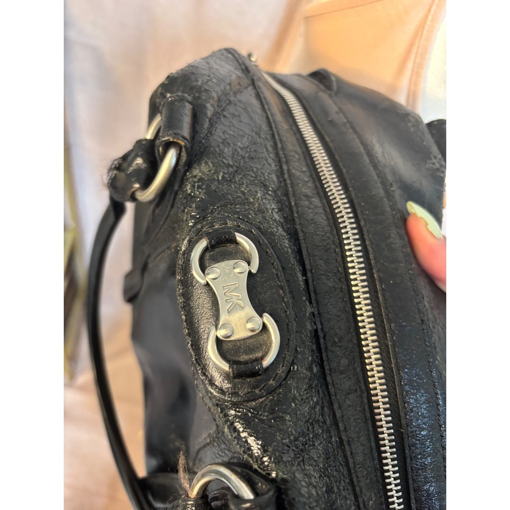 Michael Kors Black Leather Satchel Bag Silver Tone Hardware MK‎ Logo Handbag - Picture 7 of 8